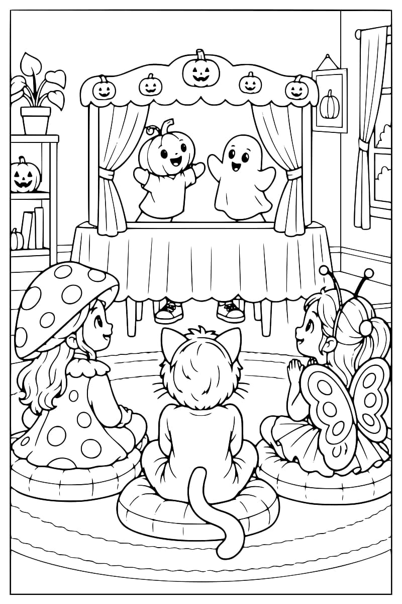 Trois enfants costumés sont assis sur des coussins devant un théâtre de marionnettes représentant une citrouille et un fantôme, dans une pièce décorée pour Halloween.