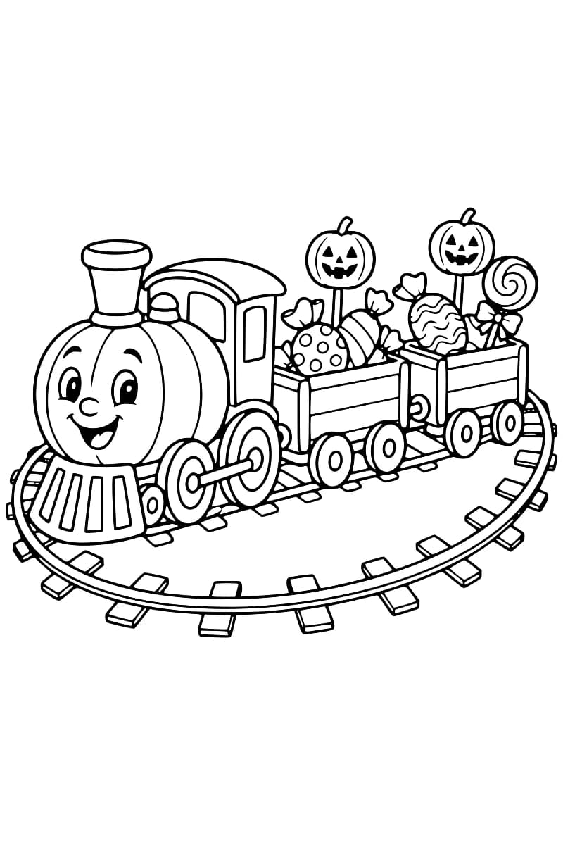 Dessin en noir et blanc d’un train sur des rails ovales, avec une locomotive en forme de citrouille souriante et deux wagons chargés de bonbons emballés, d’une sucette en spirale et de sucettes en forme de citrouilles.