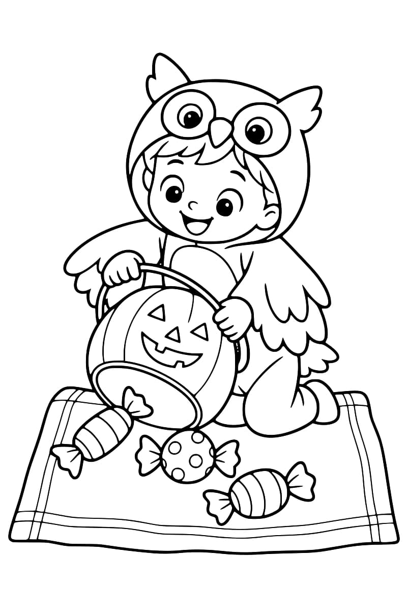 Dessin en noir et blanc d’un enfant souriant, à genoux dans un costume de hibou, tenant un seau-citrouille incliné au-dessus de trois bonbons emballés sur une couverture.