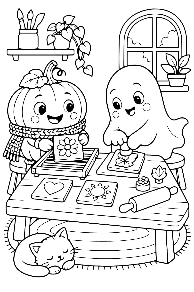Dessin à colorier d’un fantôme et d’un personnage citrouille avec une écharpe, décorant des carreaux sur une table. Des motifs de feuille, de fleur, de cœur et de soleil, des tampons et un rouleau sont visibles. Un chat dort sous la table, devant une fenêtre et des plantes en pot.