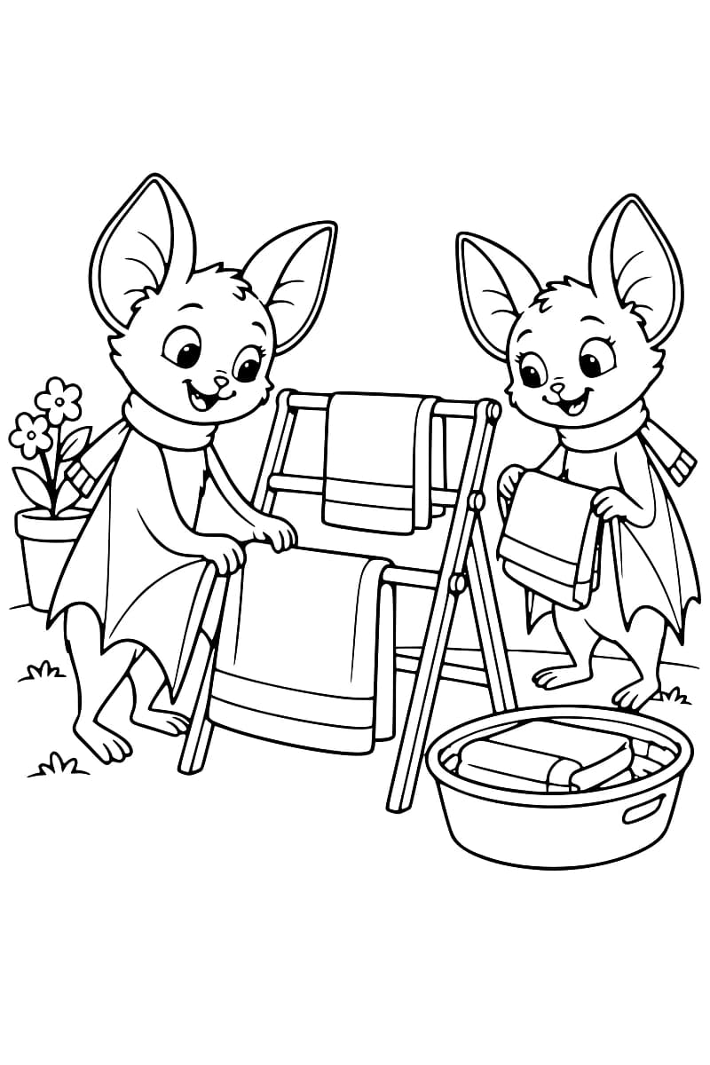 Dessin en noir et blanc de deux chauves-souris souriantes avec des écharpes, de part et d’autre d’un séchoir à linge : celle de gauche pose les mains sur une grande serviette, tandis que celle de droite en tient une autre, avec une bassine de linge au premier plan et un pot de fleurs à gauche.