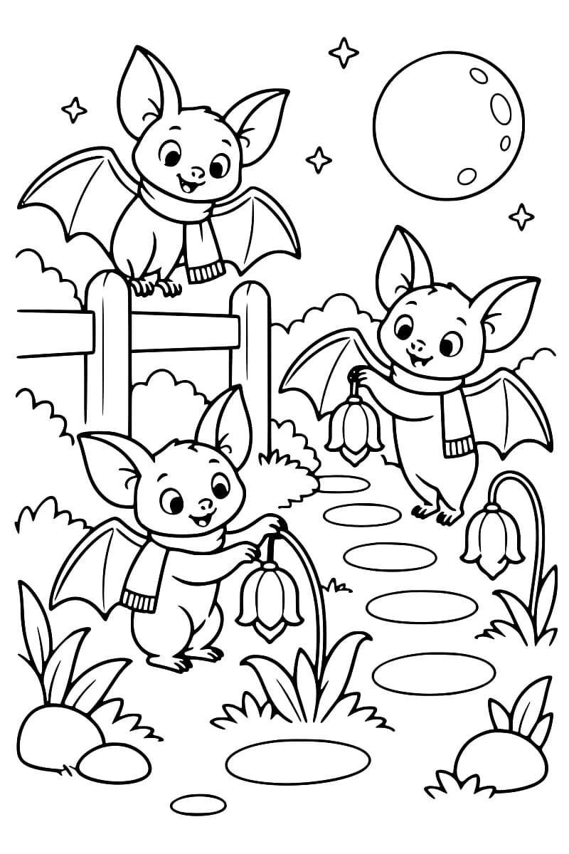 Dessin en noir et blanc de trois chauves-souris souriantes avec des écharpes, sur un chemin bordé de plantes, de fleurs et d’une clôture sous la lune.