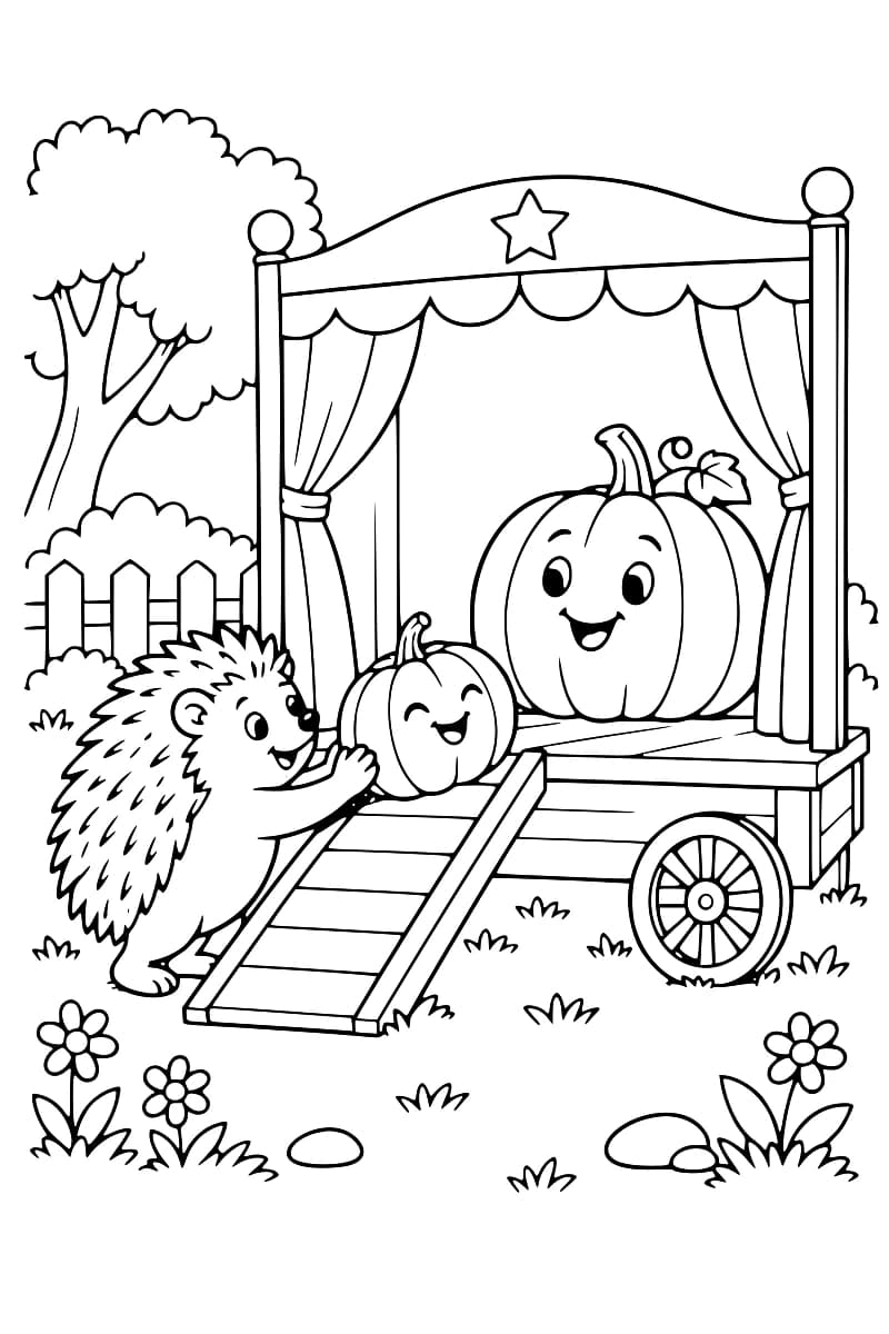 Dessin à colorier d’un hérisson poussant une petite citrouille souriante sur une rampe menant à une scène à rideaux, décorée d’une étoile et occupée par une grande citrouille souriante, avec un arbre, une clôture et des fleurs autour.