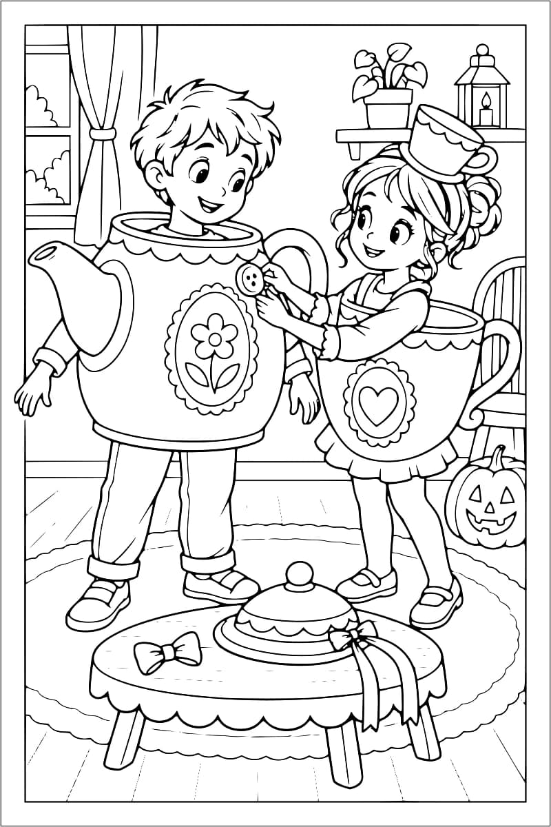 Coloriage de deux enfants déguisés en théière et en tasse : la fille porte une petite tasse sur la tête et ajuste un bouton du costume du garçon. Une table basse avec un couvercle et des rubans se trouve devant eux, et une citrouille sculptée est posée près d’une chaise.