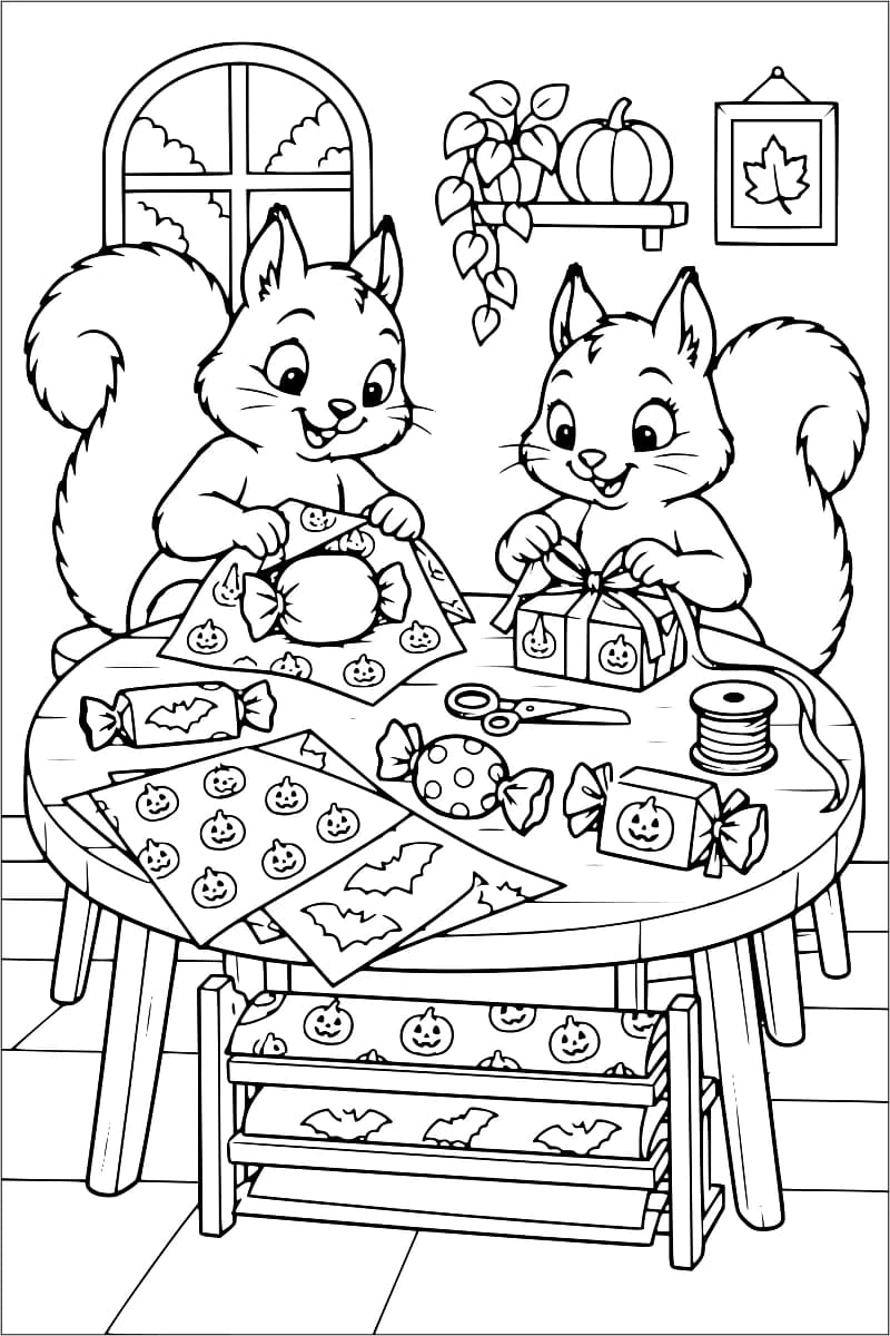 Dessin à colorier de deux écureuils attablés : l’un emballe un gros bonbon, l’autre noue un ruban autour d’un paquet. Des bonbons, des papiers à motifs d’Halloween, des ciseaux et une bobine de ruban sont disposés sur la table.