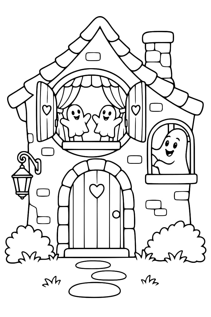 Dessin à colorier d’une maison avec deux fantômes dans une grande fenêtre ronde aux volets ornés de cœurs et un troisième dans une fenêtre à droite, une porte à cœur, une cheminée, une lanterne et des buissons.