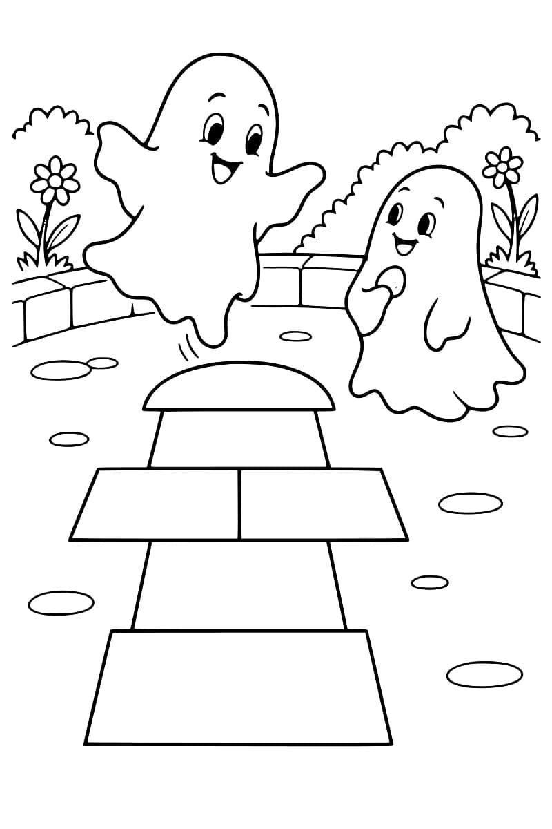 Dessin en noir et blanc de deux fantômes souriants devant une marelle aux grandes cases vides, avec un muret, des fleurs et des buissons en arrière-plan.