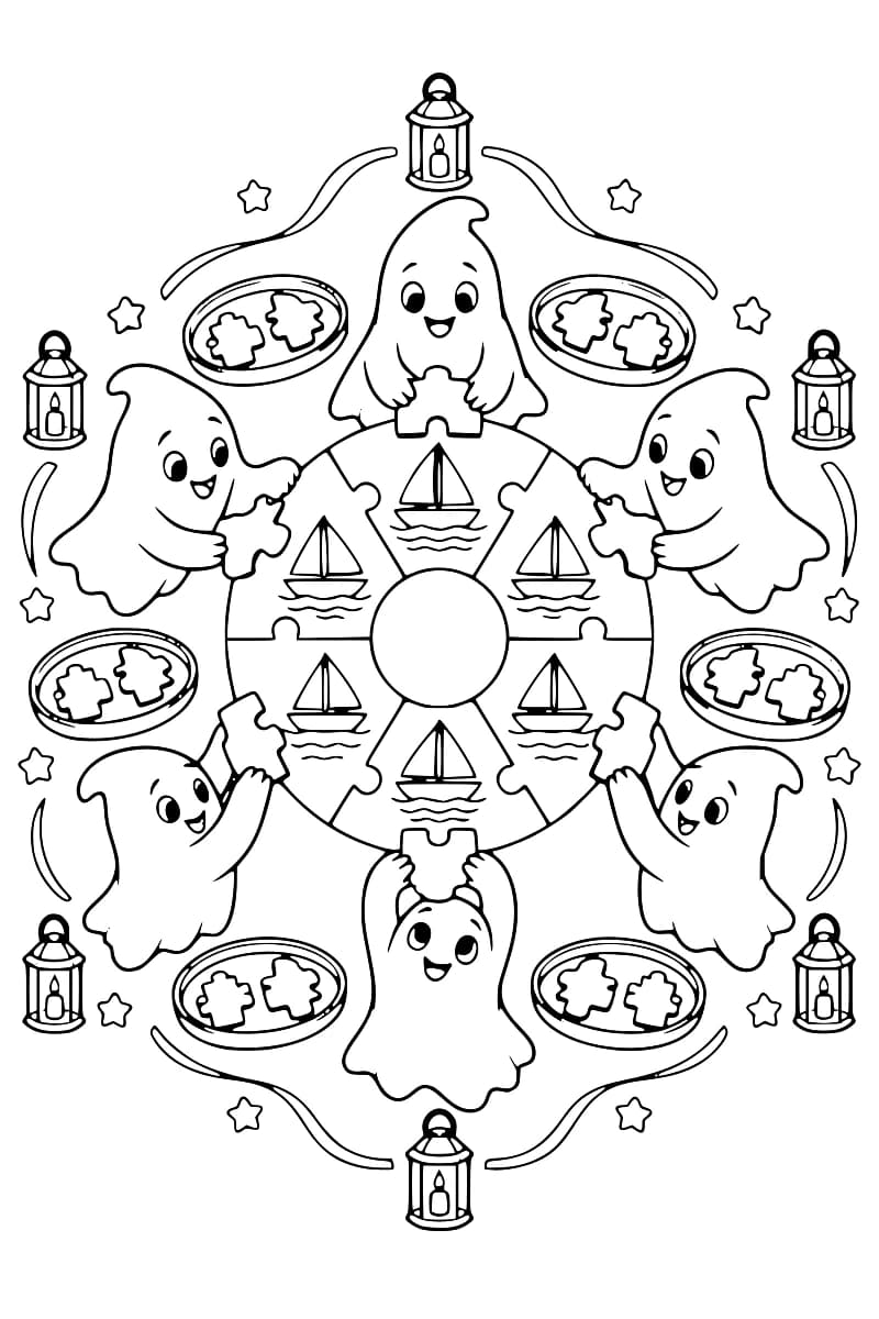 Dessin à colorier en noir et blanc de six fantômes souriants tenant chacun une pièce autour d’un puzzle en anneau illustré de six voiliers, avec des plateaux de pièces, des lanternes et des étoiles tout autour.