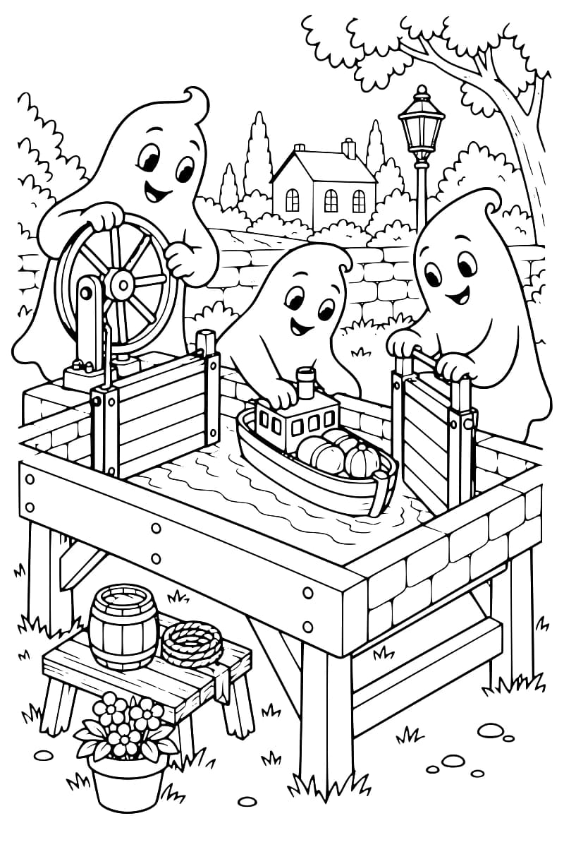 Dessin en noir et blanc de trois fantômes autour d’une écluse miniature posée sur une table : l’un tient une grande roue, un autre touche le bateau chargé de tonneaux et le troisième tient une porte de l’écluse. Un banc avec un tonneau et une corde, un pot de fleurs, une maison, un réverbère et des arbres complètent la scène.