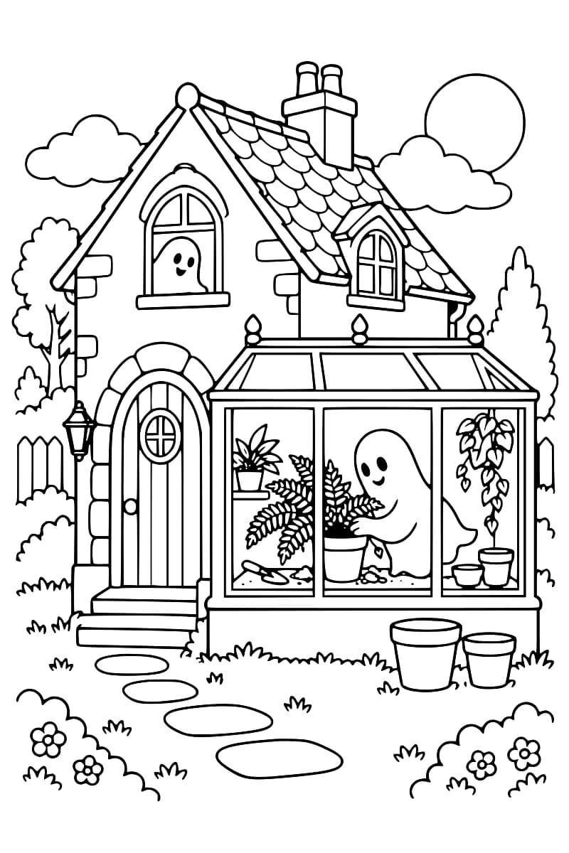 Dessin en noir et blanc d’une maison avec deux fantômes souriants, l’un à une fenêtre de l’étage et l’autre dans une serre vitrée remplie de plantes en pot, dont une grande fougère, avec des outils de jardinage au sol.