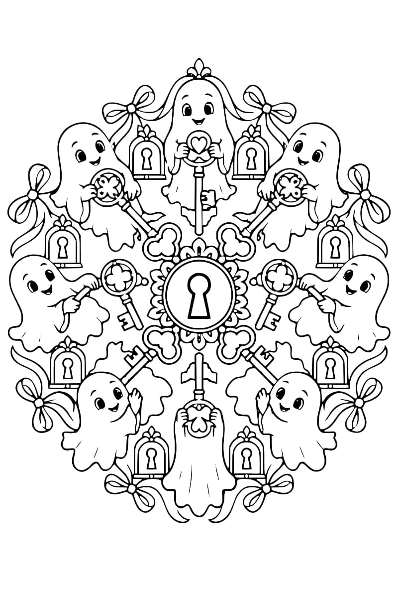 Dessin en noir et blanc de huit fantômes disposés en cercle autour d’une grande serrure ronde, parmi des clés ornées de cœurs ou de trèfles, des cadenas et des nœuds en ruban.