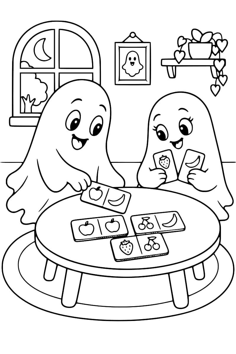 Dessin en noir et blanc de deux fantômes devant une table ronde couverte de dominos ornés de pommes, de bananes, de cerises et de fraises. À l’arrière-plan, une fenêtre laisse voir un croissant de lune, un portrait de fantôme est accroché au mur et une plante retombante repose sur une étagère.