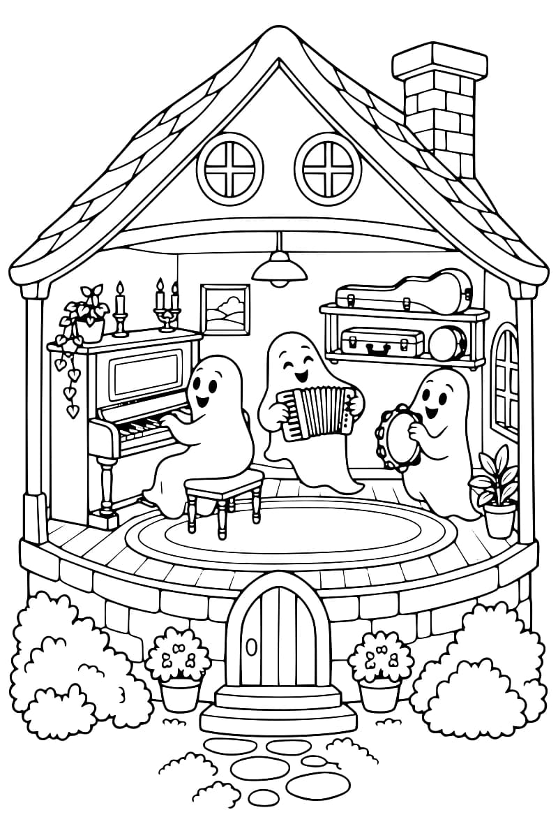Dessin en noir et blanc d’une maison vue en coupe, avec trois fantômes jouant du piano, de l’accordéon et du tambourin autour d’un tapis ovale, des étuis à instruments sur une étagère et des plantes près de l’entrée.