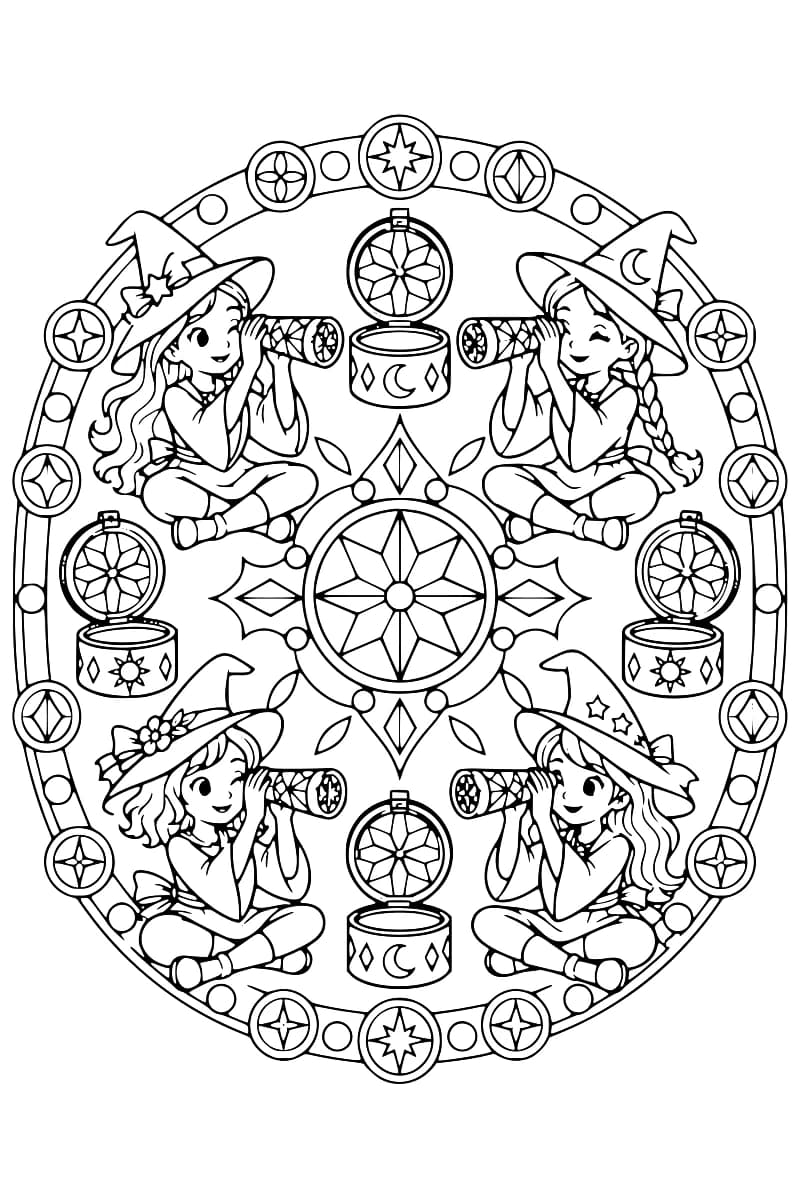 Dessin en noir et blanc de quatre sorcières coiffées de chapeaux pointus, assises en tailleur et regardant dans des kaléidoscopes, autour d’une rosace géométrique centrale et de quatre boîtes rondes ouvertes, dans un cadre ovale orné d’étoiles, de losanges et de cercles.