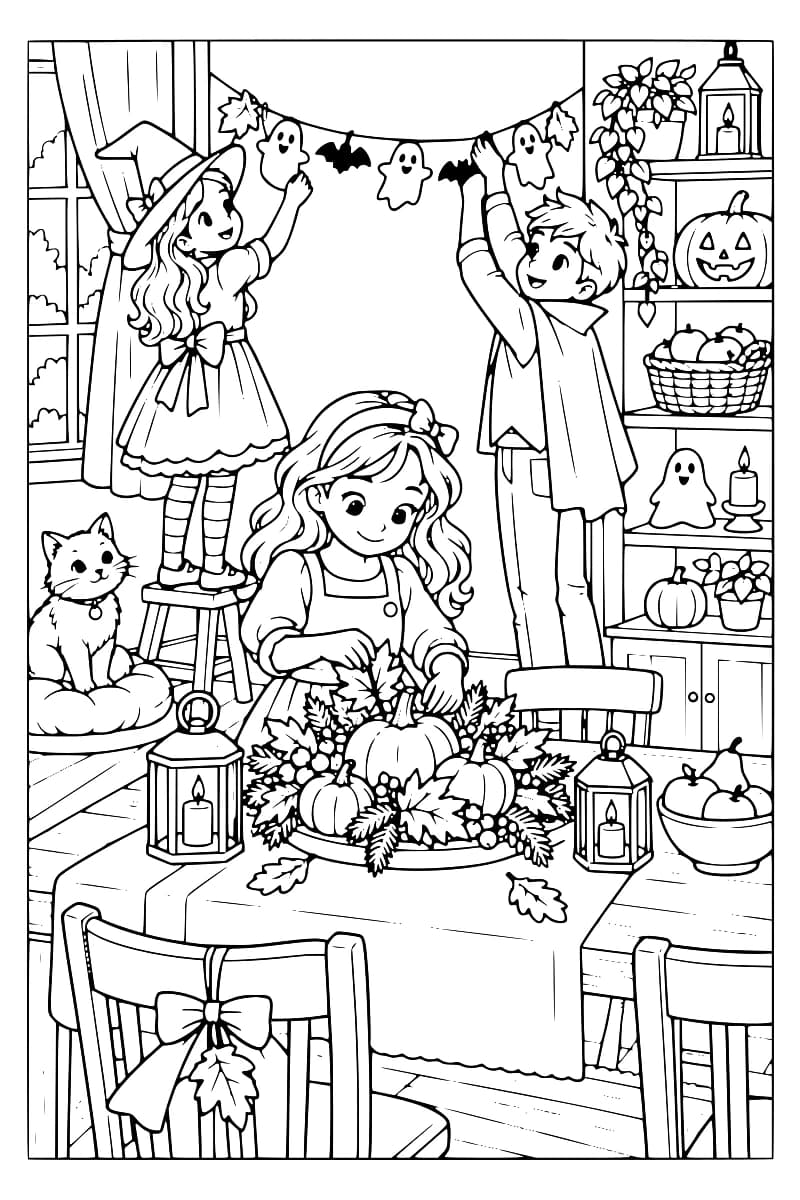 Trois enfants préparent une fête d’Halloween avec une guirlande de fantômes et de chauves-souris, des citrouilles, des lanternes et un chat sur un coussin.