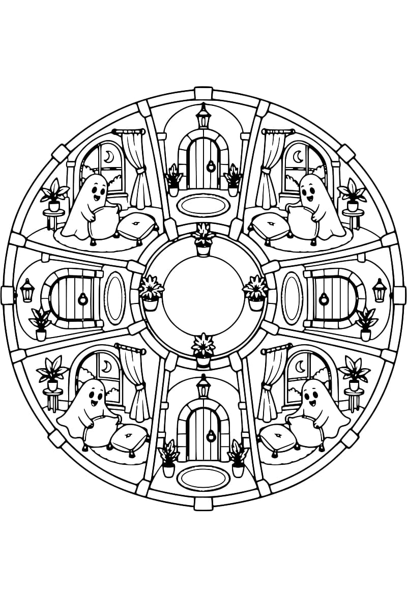 Dessin en noir et blanc d’un mandala architectural : quatre fantômes se tiennent près de fauteuils et de repose-pieds, devant des fenêtres à rideaux où apparaît un croissant de lune, tandis que quatre portes et des plantes en pot entourent un cercle central vide.