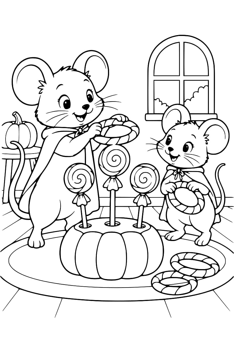 Dessin à colorier de deux souris en cape tenant des anneaux rayés devant trois sucettes en spirale sur un support en forme de citrouille. Deux autres anneaux reposent sur le tapis, avec une fenêtre et une petite citrouille en arrière-plan.