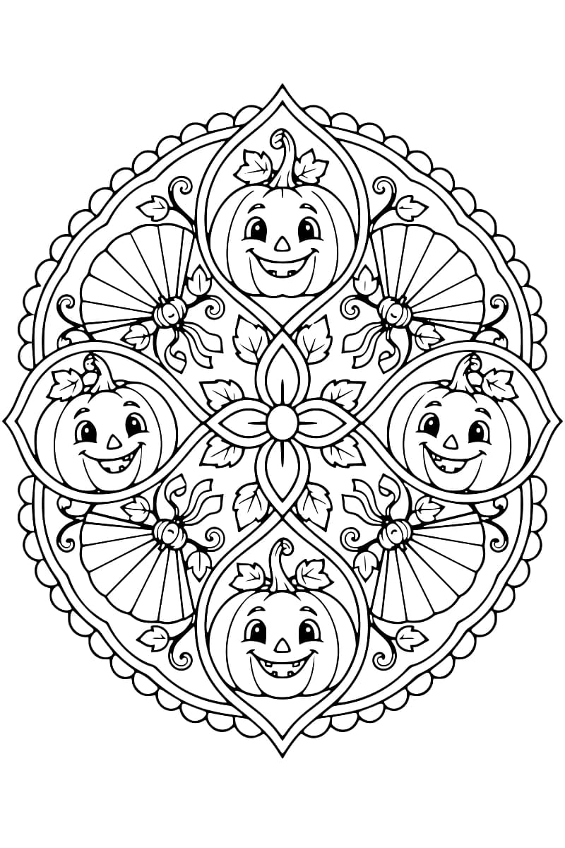 Dessin en noir et blanc d’un mandala à bordure festonnée, avec quatre citrouilles souriantes dans des cadres pointus, une fleur à quatre pétales au centre, des motifs en éventail et des feuilles.