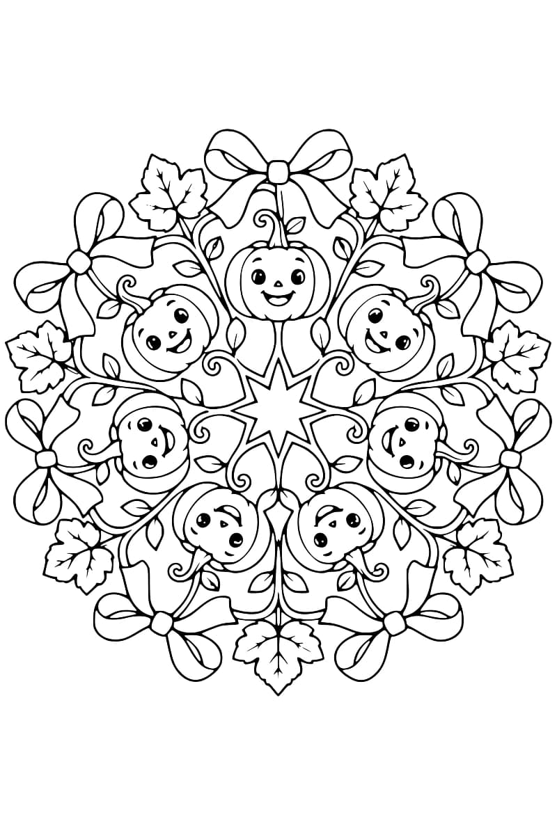 Dessin circulaire en noir et blanc composé d’une étoile centrale entourée de sept citrouilles aux visages souriants, de feuilles nervurées, de petits feuillages et de nœuds de ruban.
