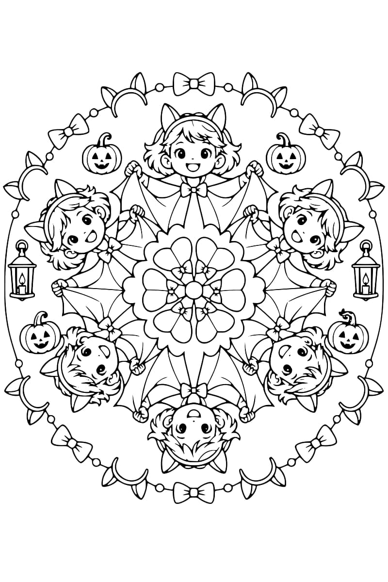 Dessin en noir et blanc de six enfants disposés en cercle, tenant leurs capes de chauve-souris ouvertes et portant des serre-têtes à oreilles pointues et des nœuds papillon, autour d’une rosace centrale. Des citrouilles, deux lanternes et une bordure de serre-têtes et de nœuds papillon complètent le motif.