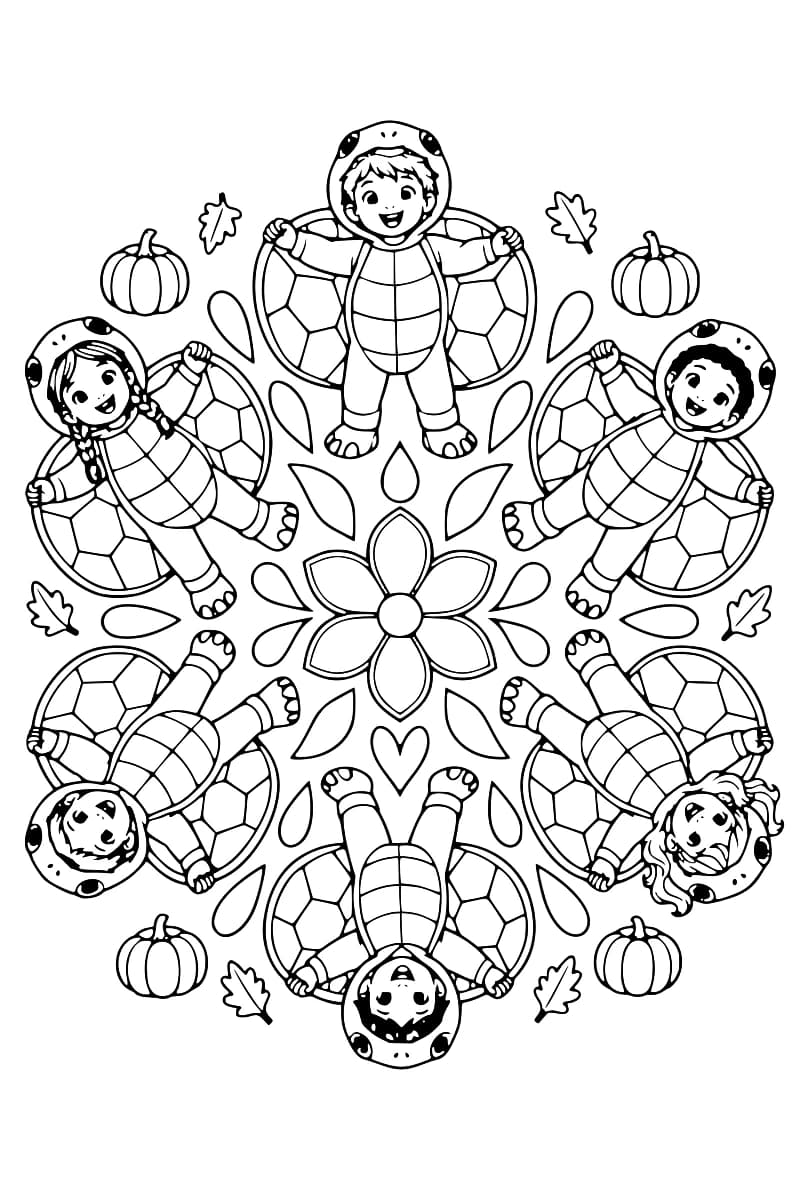 Dessin en noir et blanc de six enfants en costumes de tortue disposés en cercle autour d’une fleur, avec des carapaces à motifs, des citrouilles, des feuilles et un cœur.