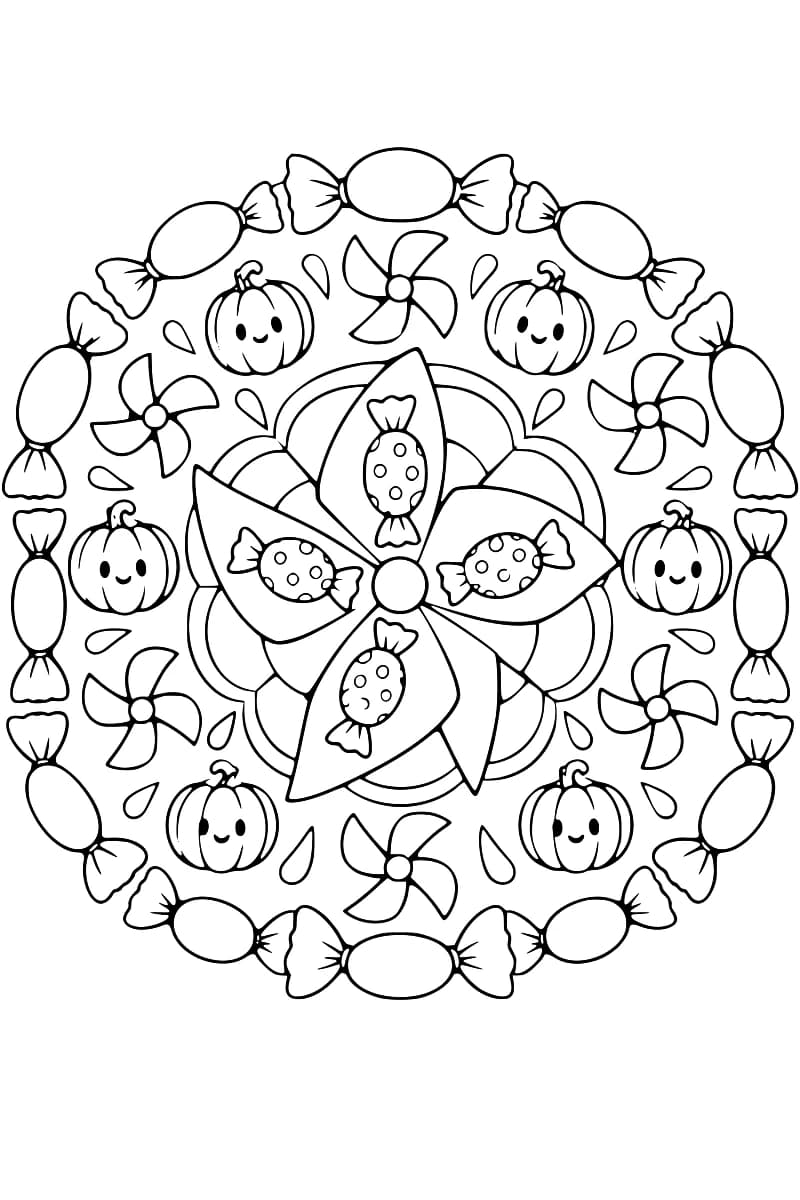 Dessin en noir et blanc d’un mandala avec un moulin central à quatre pales ornées de bonbons à pois, entouré de six petits moulins et de six citrouilles souriantes, le tout bordé de bonbons emballés.