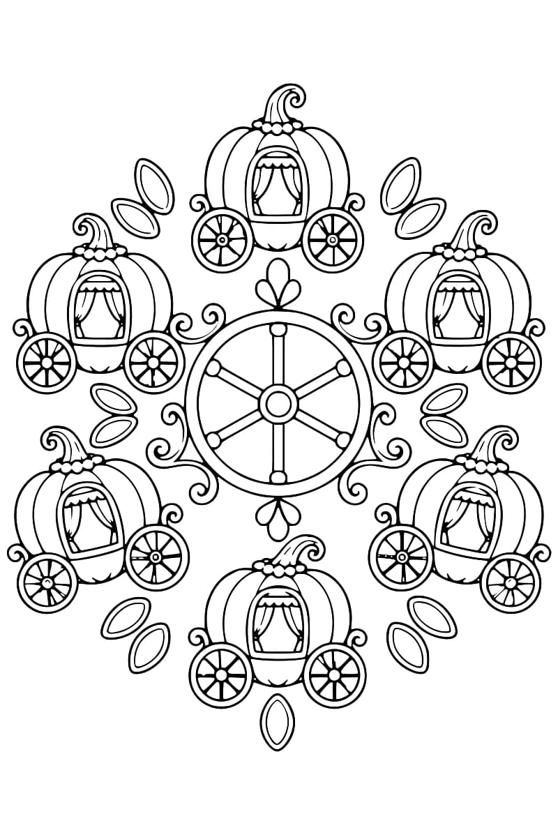 Dessin en noir et blanc de six carrosses en citrouille à deux roues et fenêtres à rideaux, disposés autour d’une roue à six rayons, avec des volutes et des motifs en forme de graines.