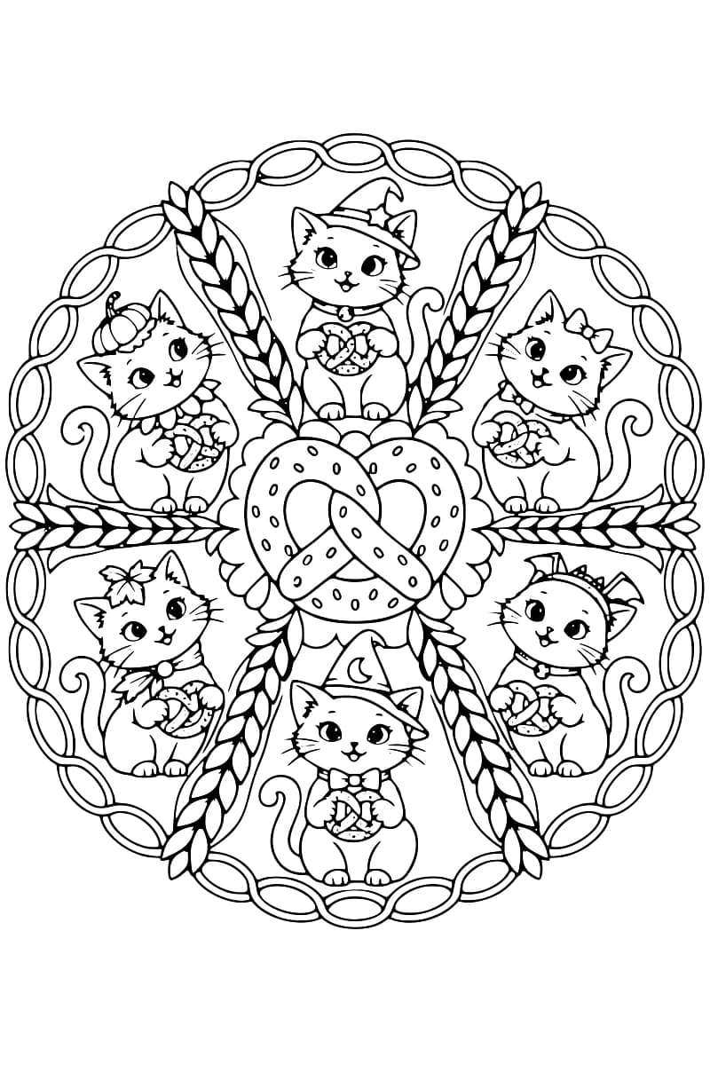 Dessin en noir et blanc de six chats disposés en cercle autour d’un grand bretzel, séparés par des épis et entourés d’une bordure de boucles ovales ; les chats portent divers accessoires, dont des chapeaux et des nœuds.