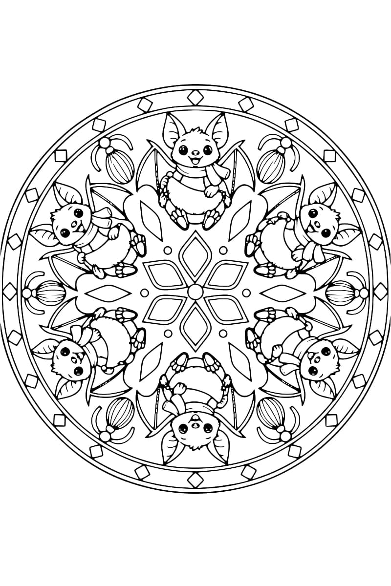 Dessin circulaire en noir et blanc de six chauves-souris souriantes, les ailes déployées et une écharpe autour du cou, disposées autour d’une rosace centrale, avec des motifs végétaux et une bordure ornée de losanges.