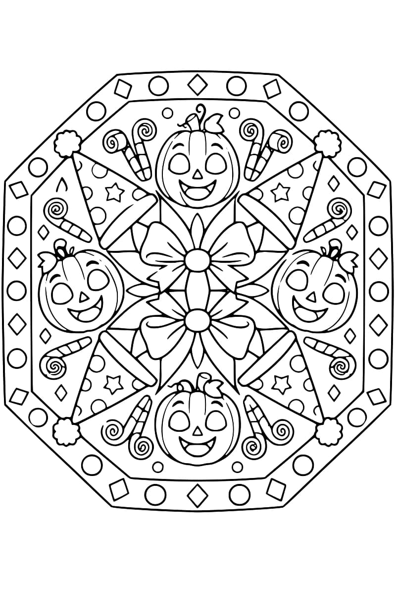 Dessin en noir et blanc dans un cadre octogonal décoré de cercles et de losanges, avec quatre citrouilles souriantes alternant avec quatre chapeaux de fête, des cotillons en spirale et deux nœuds au centre.