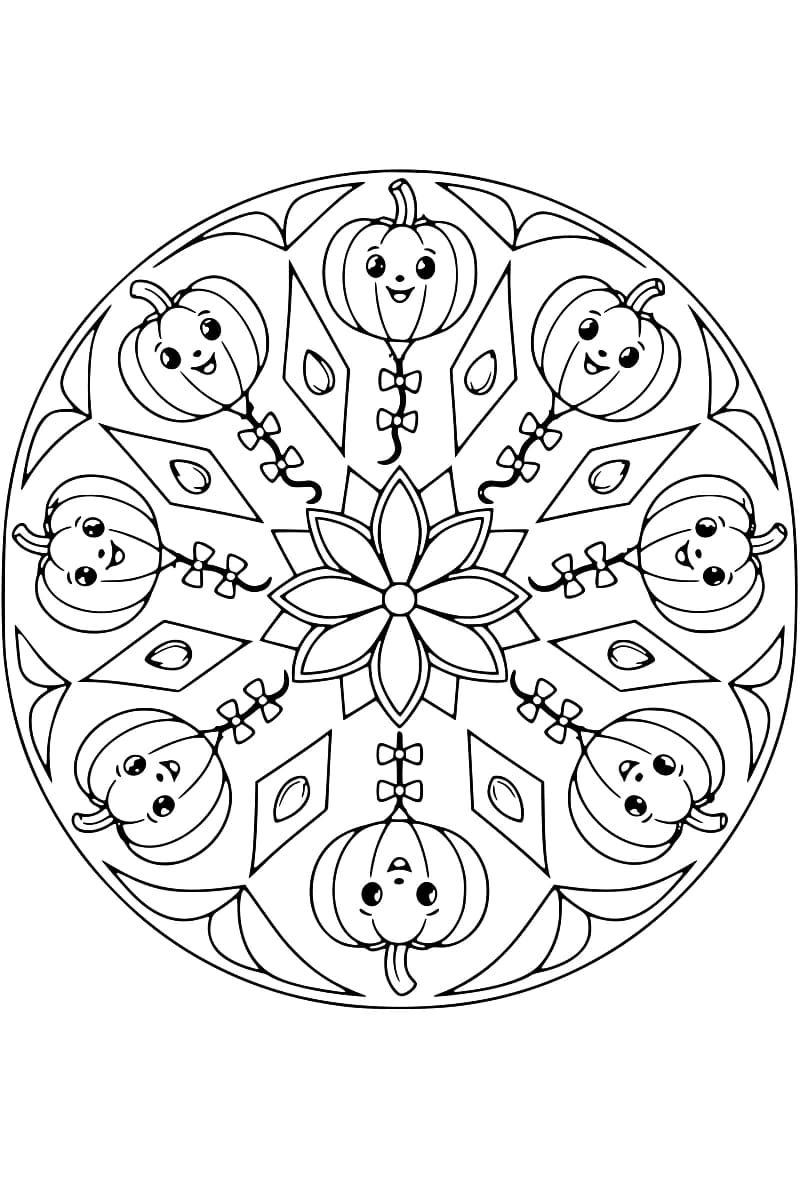 Dessin en noir et blanc d’un mandala composé de huit citrouilles souriantes disposées autour d’une fleur à huit pétales, avec des queues à nœuds, des graines dans des losanges et une bordure de motifs courbes.