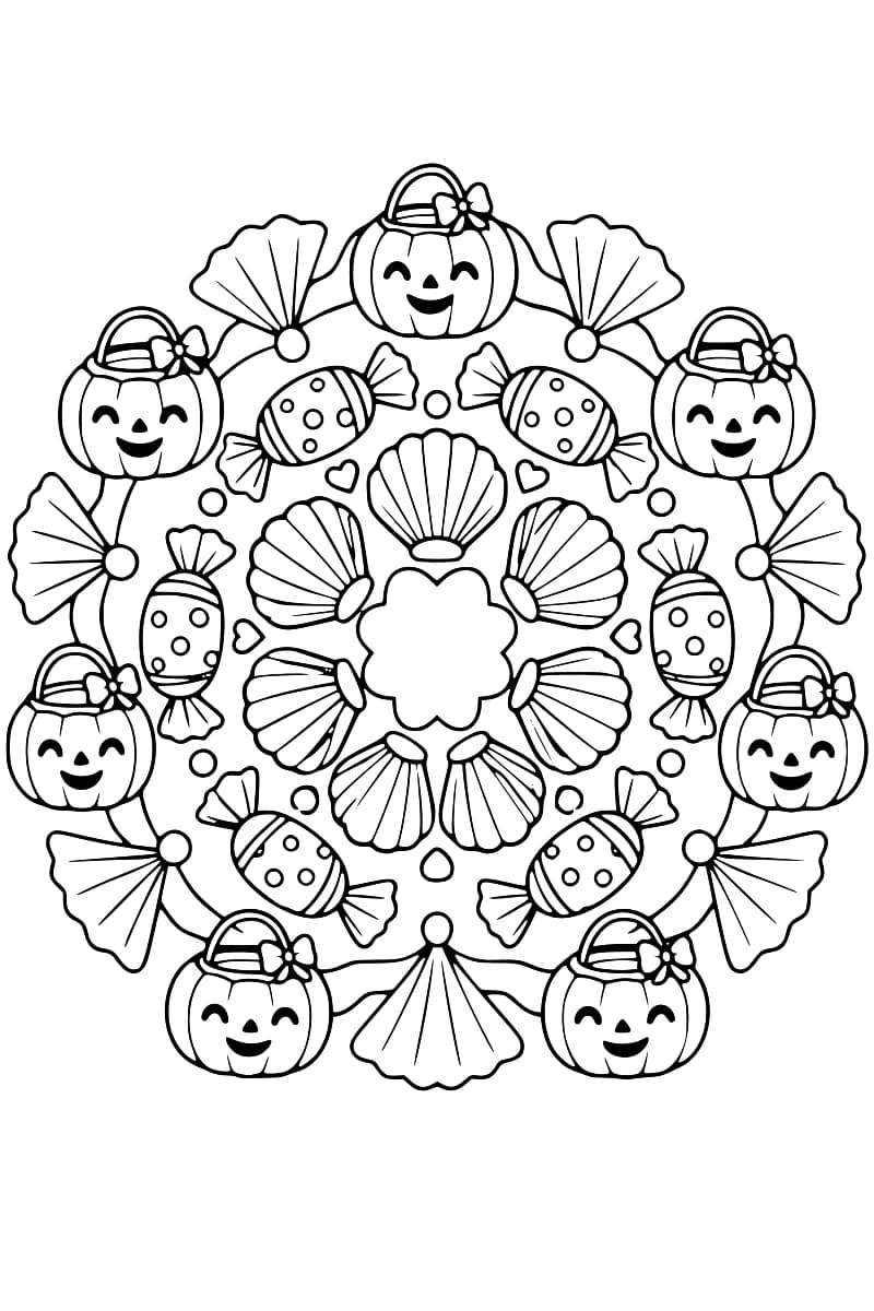 Dessin en noir et blanc d’un mandala composé de coquillages disposés autour d’un centre fleuri, de bonbons emballés à pois et de sept citrouilles souriantes portant des chapeaux ornés de fleurs.