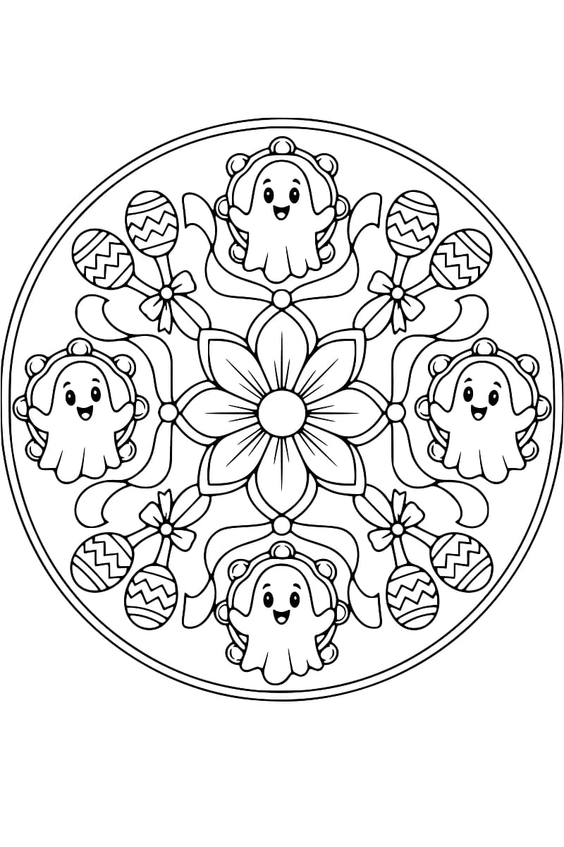 Dessin circulaire en noir et blanc avec une fleur à huit pétales au centre, quatre fantômes souriants dans des cadres de tambourins, huit maracas à motifs zigzag, des nœuds et des rubans.