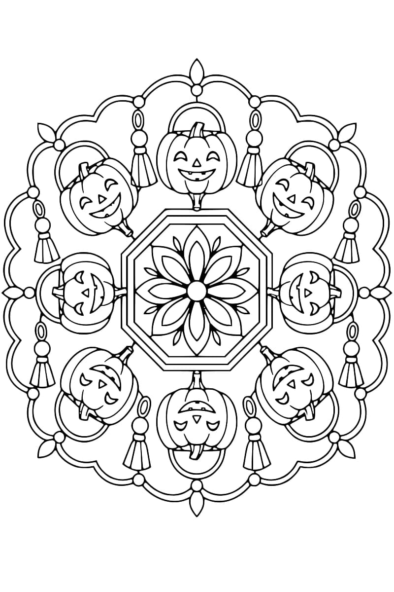 Dessin en noir et blanc d’un mandala composé de huit lanternes-citrouilles à anses, disposées autour d’une fleur géométrique dans un cadre octogonal, avec des pompons et une bordure festonnée.