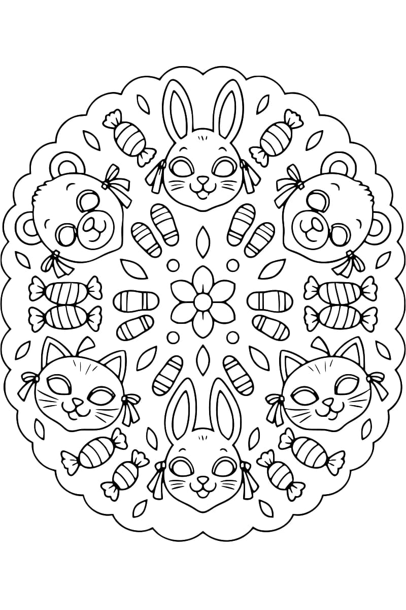 Dessin en noir et blanc au contour festonné : deux masques de lapin, deux d’ours et deux de chat entourent une fleur, parmi des bonbons emballés, des confiseries rayées, des feuilles et de petits cercles.
