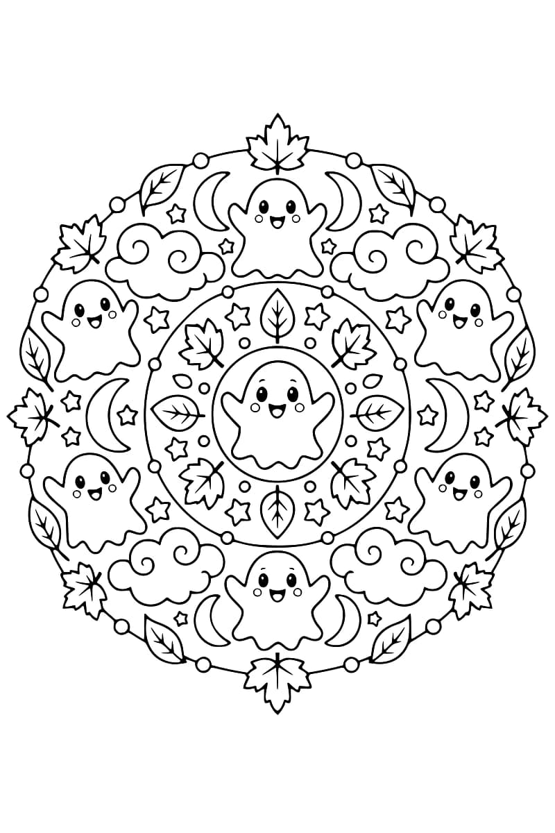 Dessin en noir et blanc représentant un mandala circulaire composé de fantômes souriants, de feuilles, d’étoiles, de nuages et de croissants de lune.