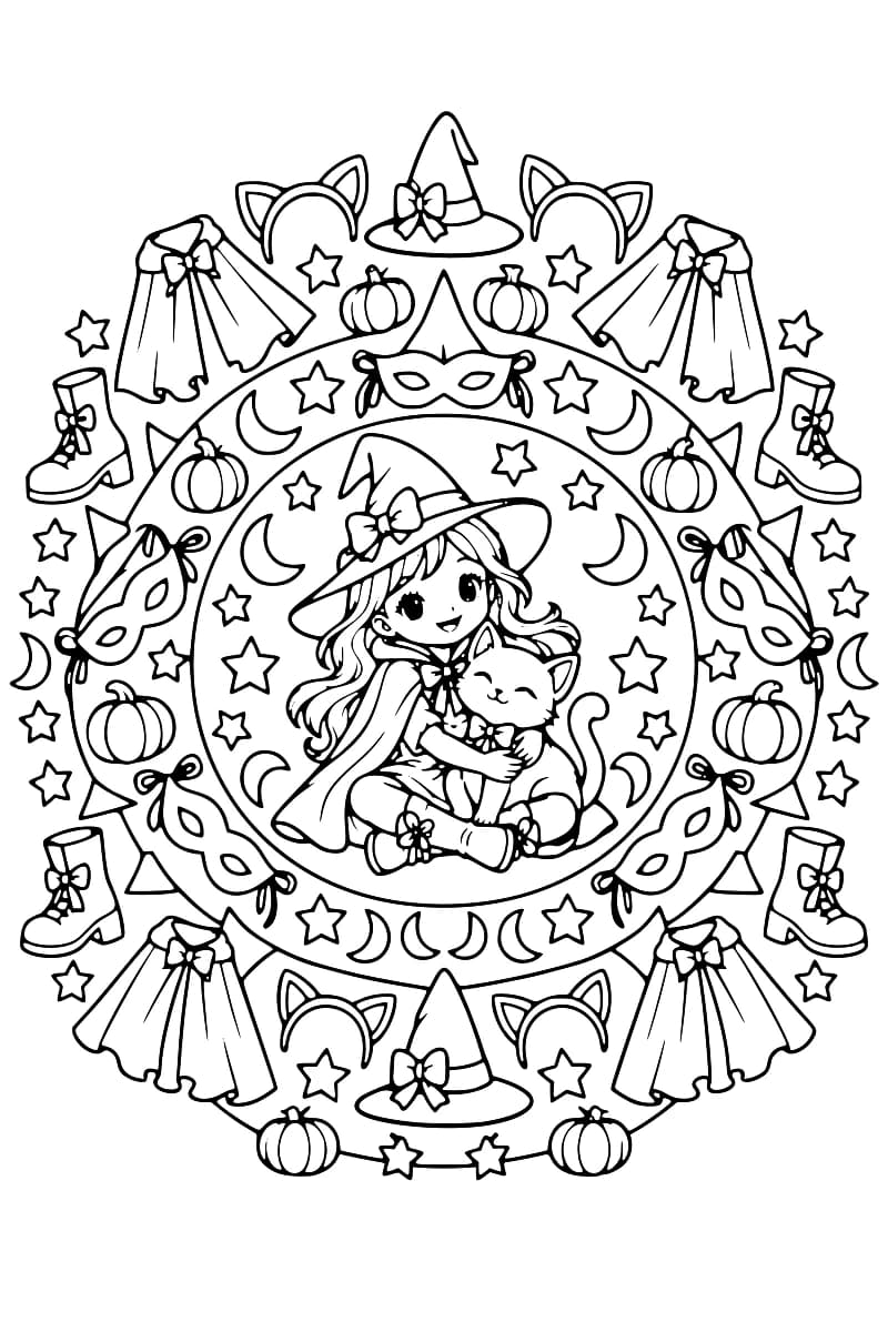 Dessin en noir et blanc d’une jeune sorcière avec un chat, entourée d’accessoires de déguisement et de motifs d’Halloween disposés en cercle.