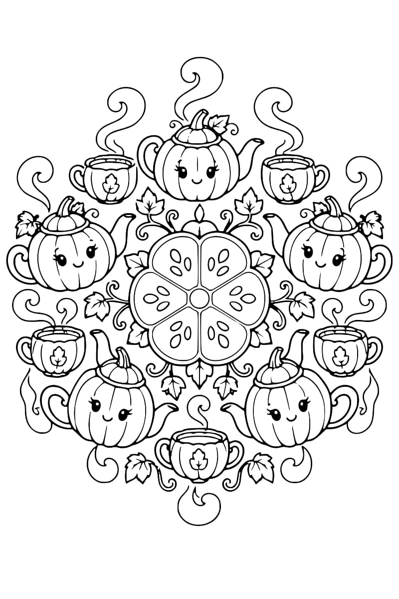Dessin circulaire en noir et blanc composé de cinq théières en forme de citrouille avec des visages souriants, de cinq tasses ornées de feuilles et de volutes de vapeur, autour d’un motif à six lobes contenant des graines.
