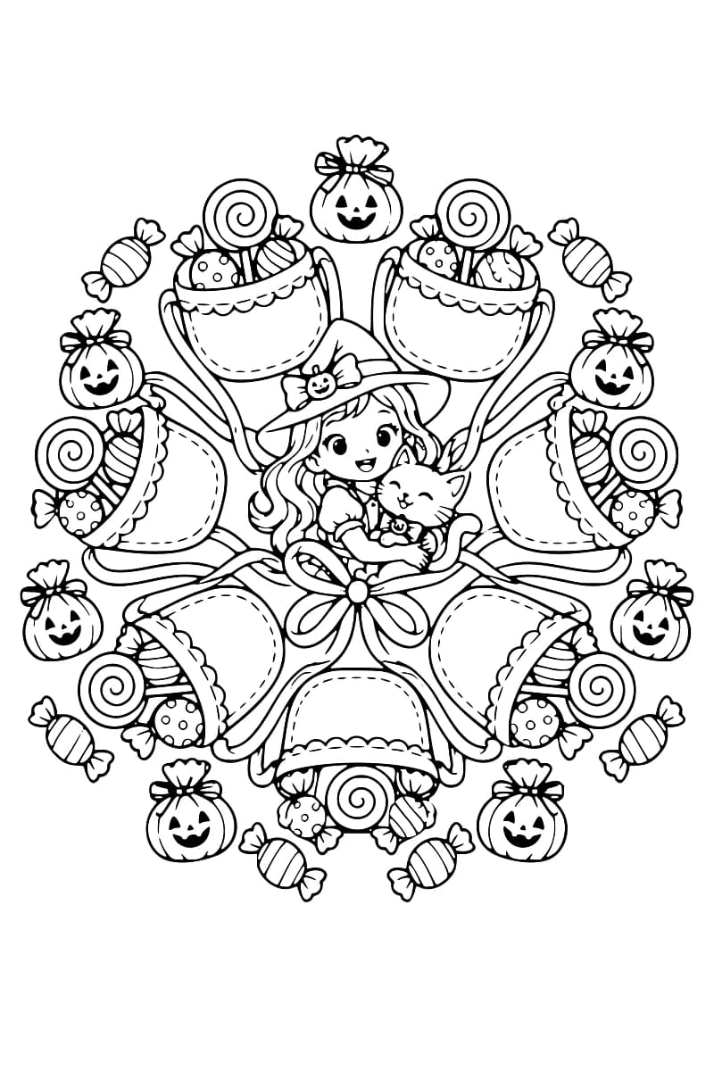 Dessin à colorier d’une petite sorcière coiffée d’un chapeau pointu et tenant un chat, entourée de sept sacs remplis de sucettes et de bonbons, de pochettes citrouilles souriantes et d’un grand nœud.