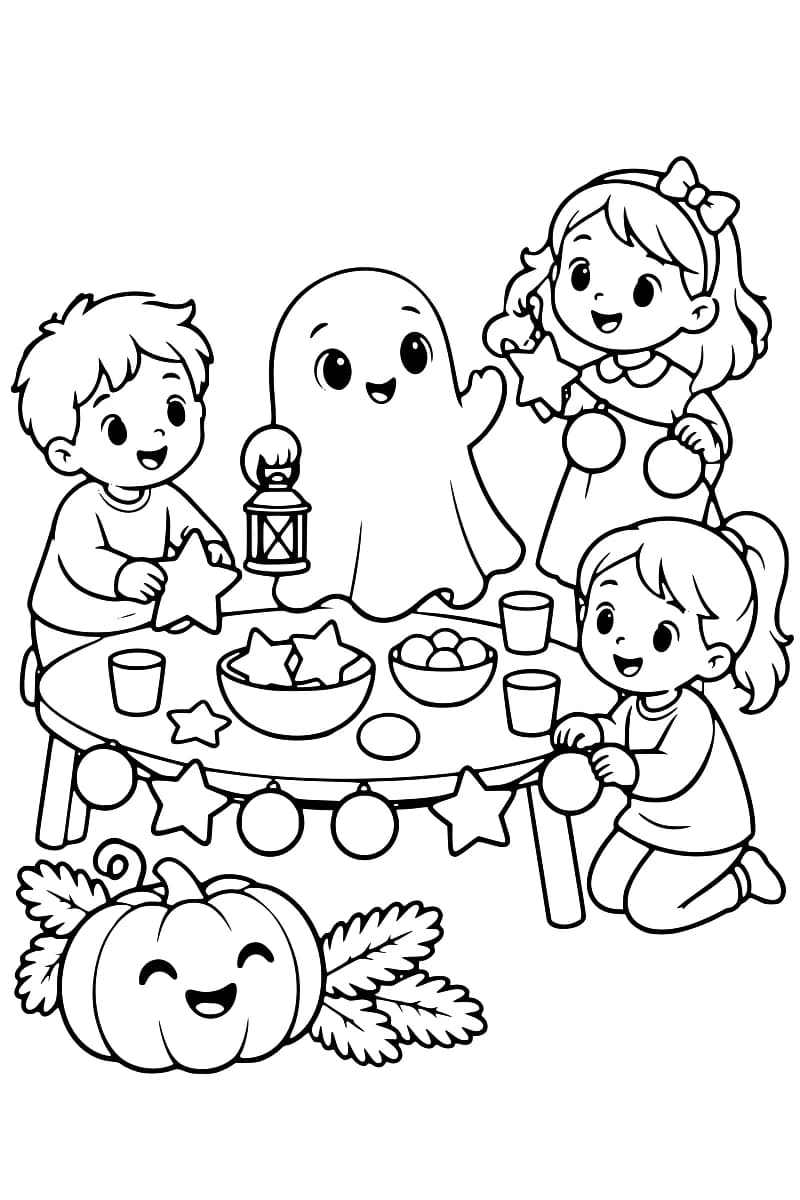 Dessin en noir et blanc montrant un fantôme et trois enfants autour d’une table décorée pour Halloween, avec des étoiles, des ballons, des bols de friandises et une citrouille.