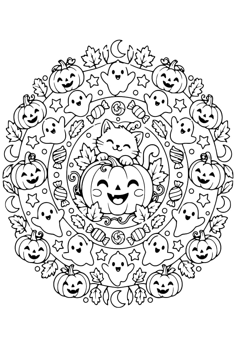Dessin circulaire en noir et blanc représentant un chat sur une citrouille au centre, entouré de fantômes, de citrouilles, de bonbons, de feuilles et d’étoiles.