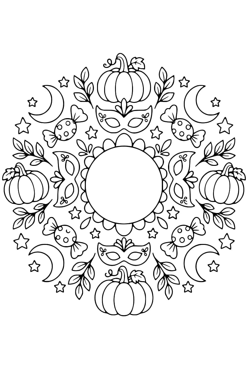 Rosace en contours noirs sur fond blanc, avec un cercle central bordé de pétales, entouré de quatre citrouilles, de quatre masques, de quatre bonbons emballés, de quatre croissants de lune, d’étoiles et de branches feuillues.