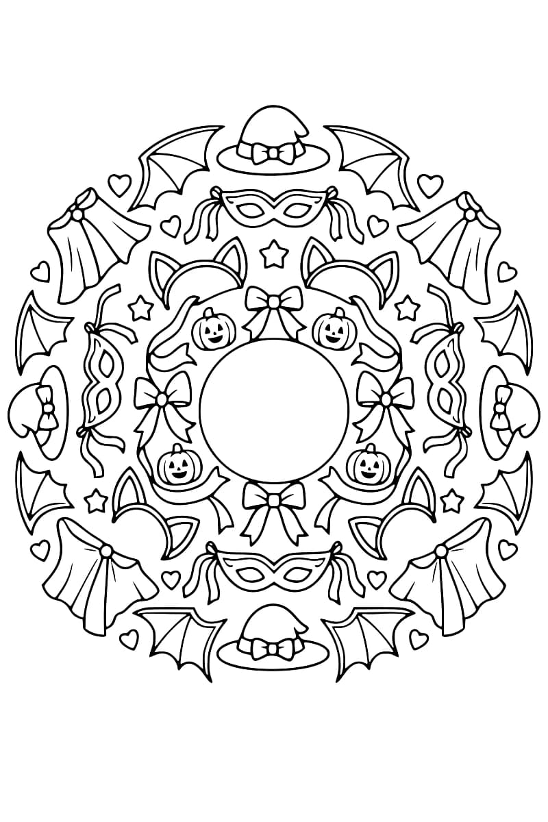 Dessin en noir et blanc d’une rosace de déguisements avec des chapeaux, masques, capes, oreilles de chat, ailes, citrouilles, nœuds, étoiles et cœurs.