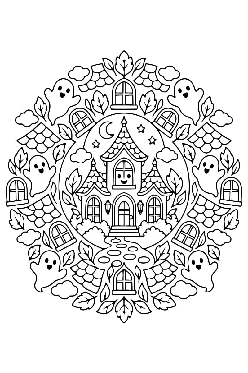 Dessin noir et blanc représentant une maison hantée centrale entourée de motifs symétriques, de fantômes souriants et d’éléments végétaux.
