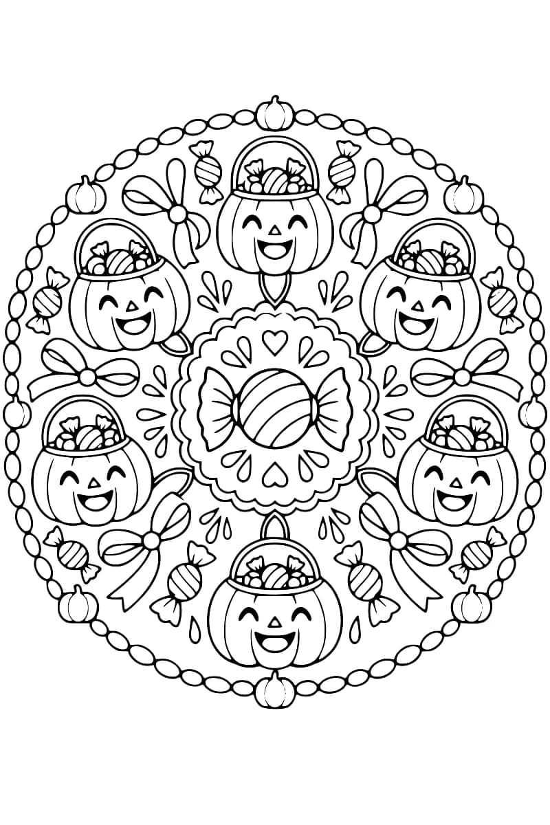 Dessin en noir et blanc d’une rosace composée de six seaux-citrouilles souriants garnis de bonbons, de nœuds et de friandises emballées, autour d’un bonbon dans un médaillon festonné, avec une bordure ovale ponctuée de petites citrouilles.
