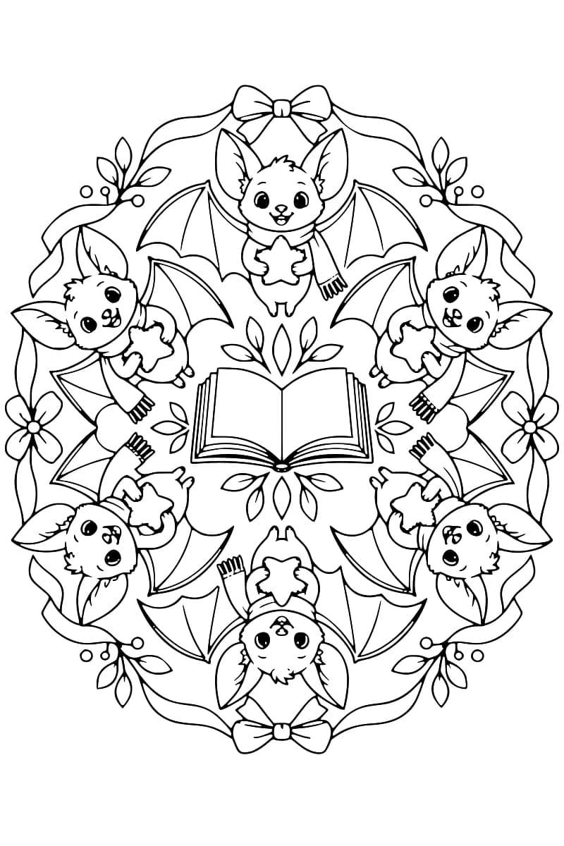 Dessin au trait noir sur fond blanc de six chauves-souris aux ailes déployées, chacune portant une écharpe et tenant une étoile, disposées autour d’un livre ouvert central, avec des feuilles, des fleurs, des rubans et deux nœuds.