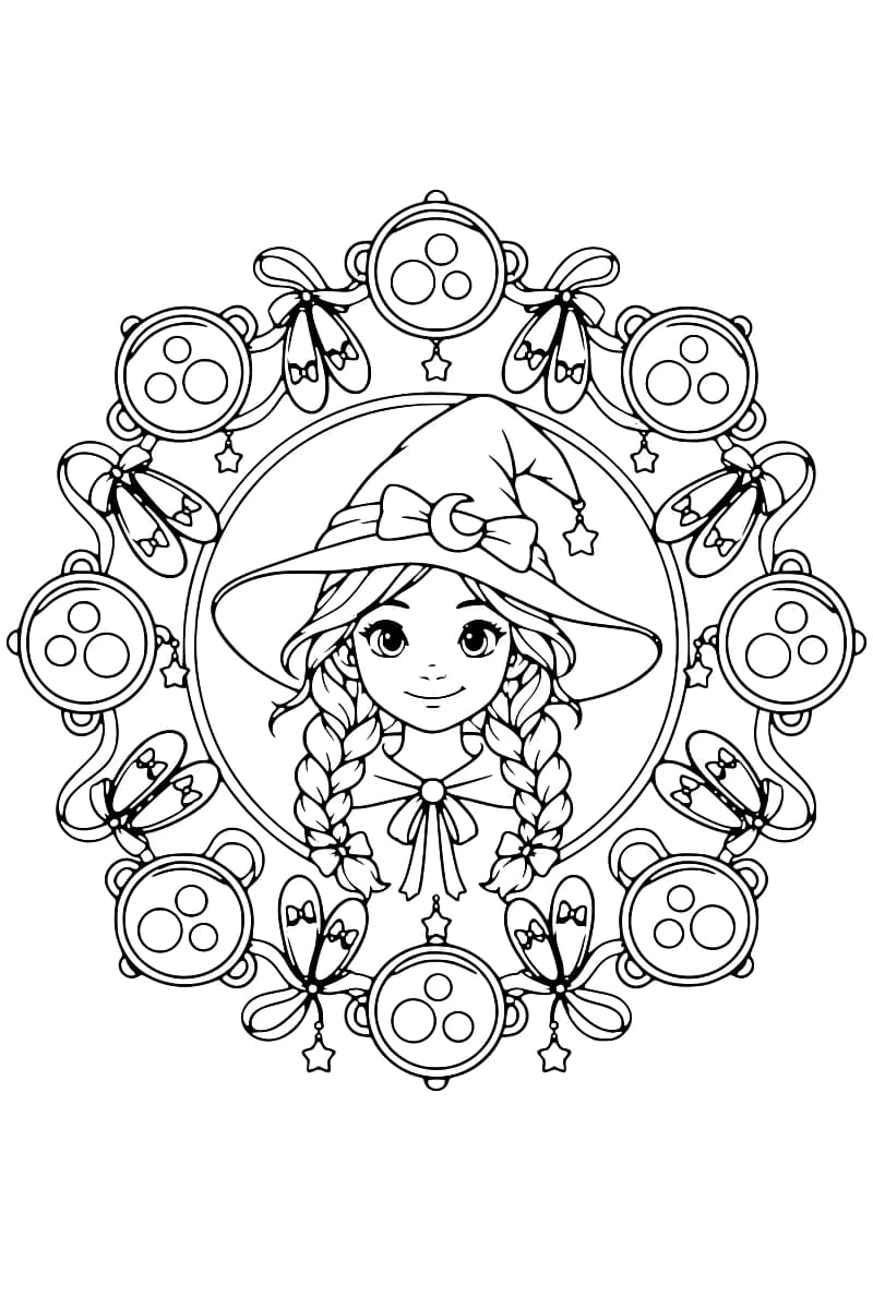 Dessin en noir et blanc d’une jeune sorcière à deux tresses, coiffée d’un grand chapeau pointu orné d’un nœud et d’un croissant de lune, entourée de huit chaudrons vus du dessus alternant avec des paires de chaussons à rubans.