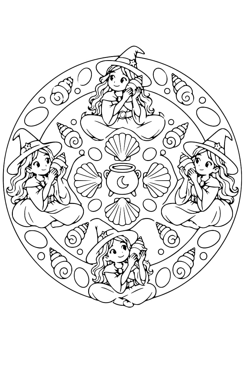 Dessin à colorier en forme de mandala : quatre sorcières coiffées de chapeaux pointus tiennent des coquillages près de leur oreille, autour d’un chaudron central entouré de quatre coquilles en éventail, de coquillages spiralés, d’ovales et de petits cercles.
