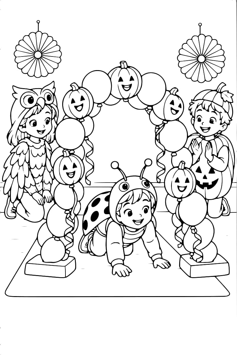 Dessin à colorier de trois enfants autour d’une arche de ballons ornée de citrouilles souriantes : l’enfant en coccinelle rampe au centre, celui en hibou est agenouillé à gauche et celui en citrouille applaudit à droite, sous deux rosaces suspendues.