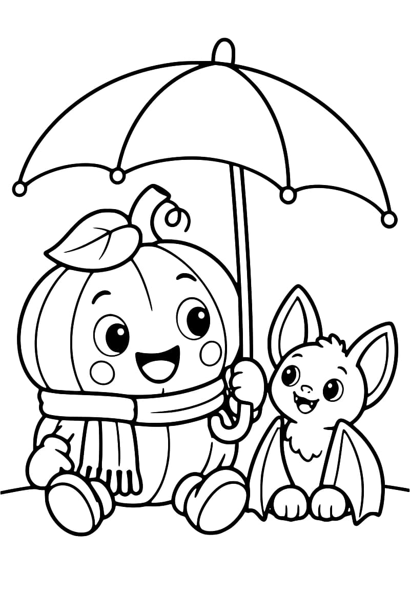 Dessin en noir et blanc d’un personnage souriant en forme de citrouille, assis avec une écharpe et tenant un parapluie, à côté d’une chauve-souris aux grandes oreilles et aux ailes abaissées.